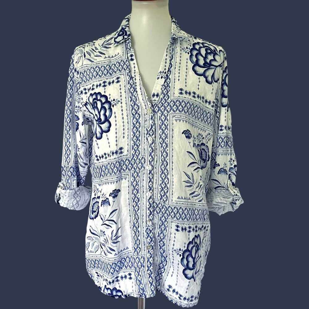 H by Halston 100% Linen Shirt Blue Floral Blouse Roll Tab M Resort Top Medium